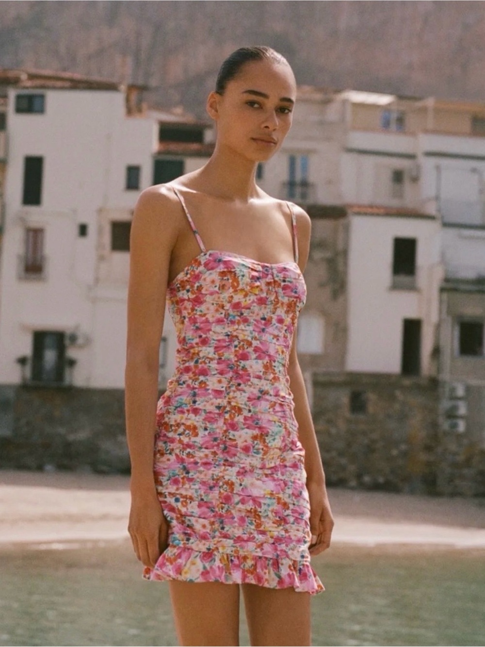 ZW Floral Pink Draped Mini Dress